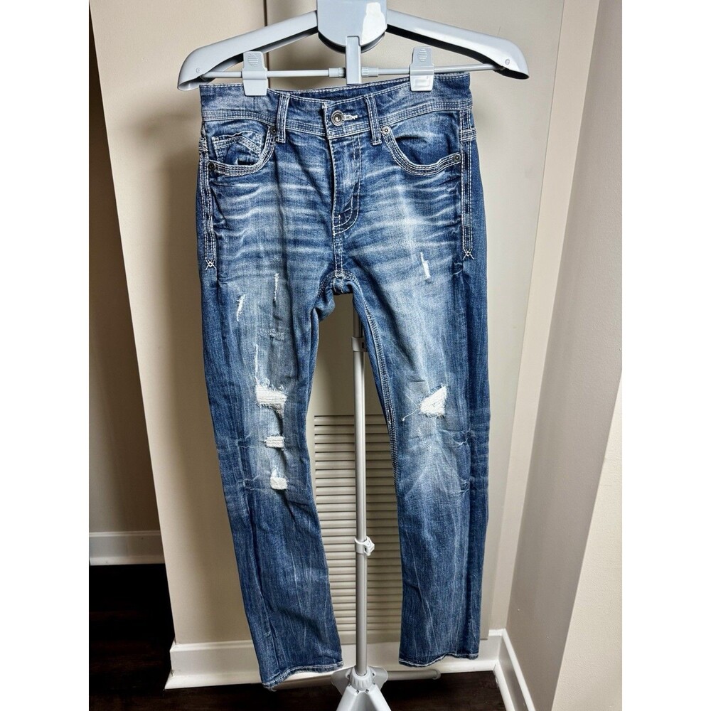 BKE Alec Straight Jeans Krypton Blue Whiskered Distressed Stretch Men's 28x32 - Picture 2 of 9